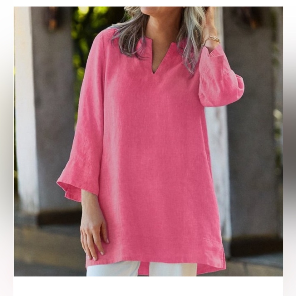 Lands' End Linen Split Neck 3/4 Sleeve Tunic Top Size M with pockets